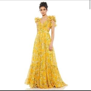 Max Duggal yellow floral gown with adjustable back ties. Size 2. Worn once